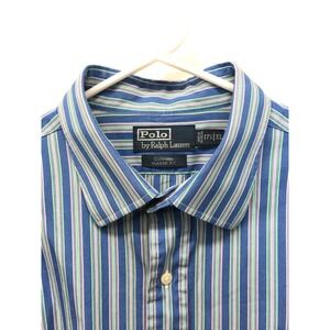 Ralph Lauren Polo Shirt Mens XL 17 1/2 Blue Striped Button Up Long Sleeve Curham